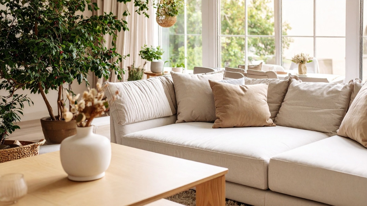 Freshly cleaned living room with pristine sofa and carefully arranged home decor.